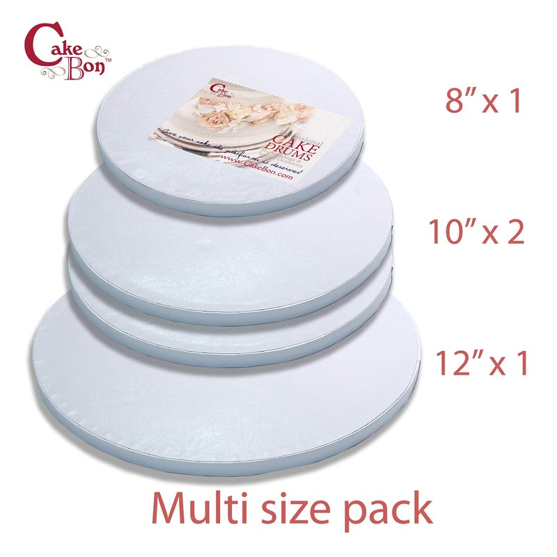 Cakebon Cake Drum Set Round - 8 Inches + 2 x 10 inches + 1 x 12 inch, Sturdy 1/2 Inch Thick - Fully Wrapped Edges (White) - Image 2